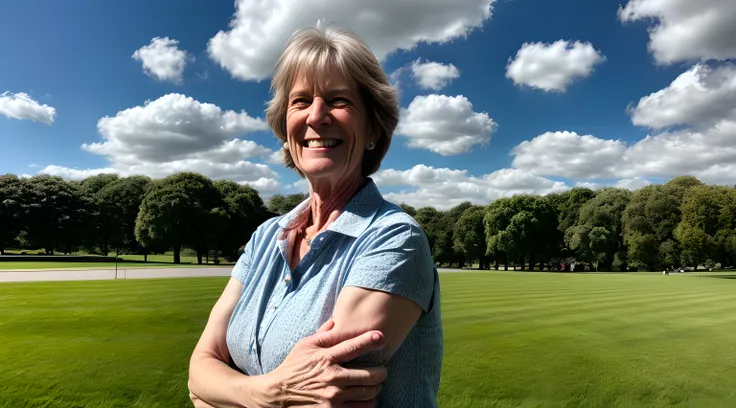 Hyperrealistic medium shot photograph of a happy 50-year-old Caucasian german woman with hands on waist. Background of a park. Sunny day and blue sky with clouds.