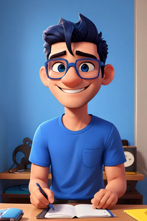 quero um desenho de um homem de 30 anos sorrindo, carinhoso, cabelo preto, blue glasses, camiseta azul, barba rala, Black-haired and sunglasses