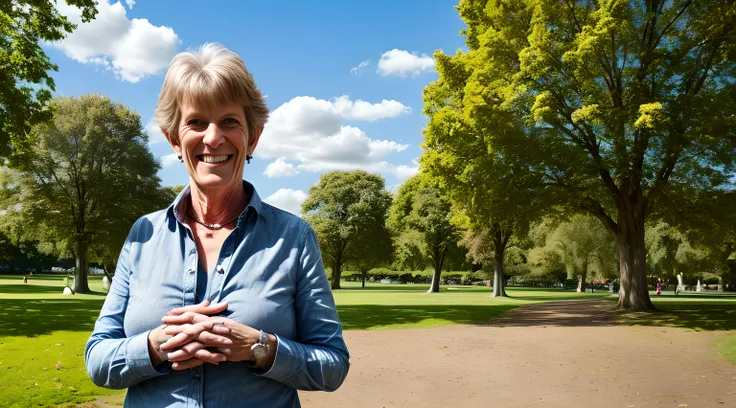 Hyperrealistic medium shot photograph of a happy 50-year-old Caucasian german woman with hands on waist. Background of a park. Sunny day and blue sky with clouds.