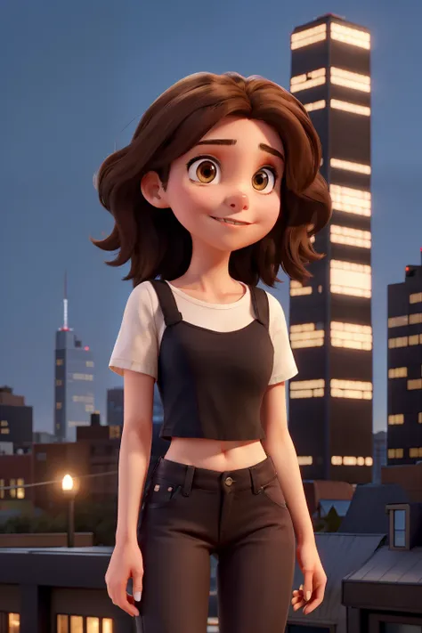 A brunette girl with brown, straight, medium-length hair. She uses a black crop top and jeans pants. Shes at a big city with manu buildings with lights on.