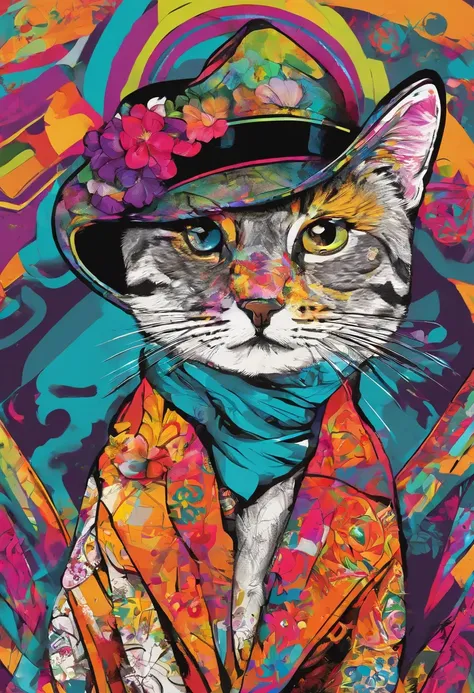 Una pintura de un gato con sombrero y bufanda, trends on the art station, Vestido con ropa punk, Renderizado hiperrealista detallado, British gang member, Estilo callejero, pose intimidante, El planeta de los gatos, Ropa con moda, Urban samurai, Maullar, W...