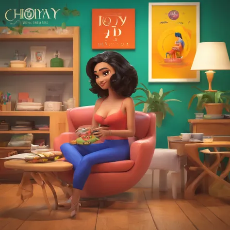 create a 3D movie poster inspired by Disney Pixar, The scene should be in Pixars signature digital art style, com uma imagem caricatural que lembra a cantora brasileira "Anita" in the prone position, Wearing a bikini while a tattoo artist is sitting tattoo...