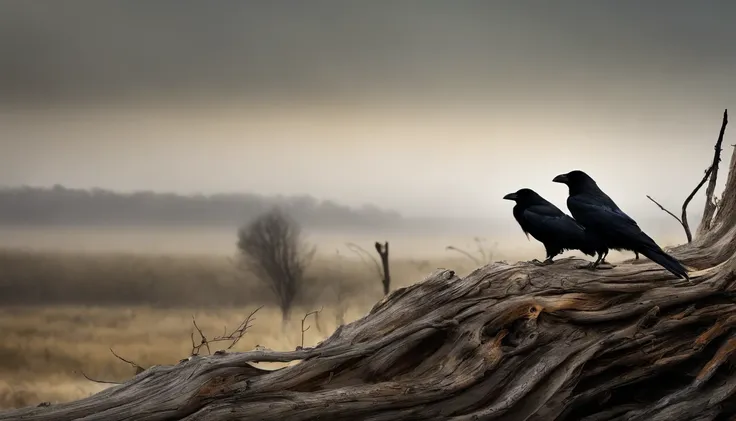 Two crows in a dead tree, Uma sombra em Forma de andador, Noite estrelada, Thick fog on the ground, Luz azul no horizonte, Motor Unreal 5, cinemactic, Low-angle photography, motion blur, proFundidade de campo, dust, Cobblestones and dirt. arte splash, ping...