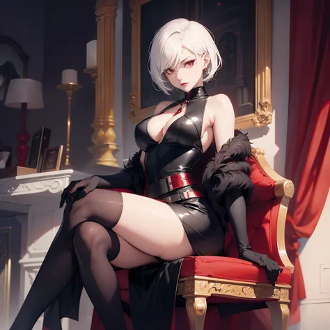 (((Solo))) Vampire woman with short white hair, (red eyes), ((wearing a black dress)), stockings, wearing a red necklace, character is wearing gloves, (mature woman Rachel), large chest, curvy hips, long legs, detailed eyes, ((sitting)), on a throne