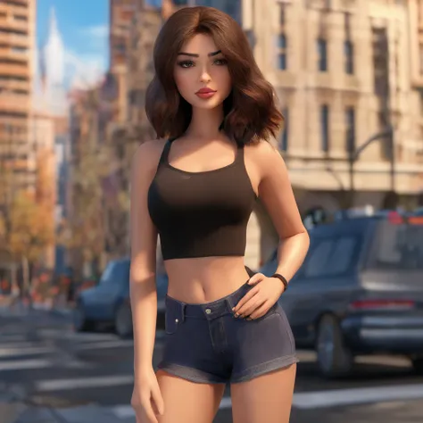 A brunette girl with brown, straight, medium-length hair. She has big lips, brown eyes and an eyeliner. She uses a black crop top and jeans pants. Shes at a big city with manu buildings with lights on.