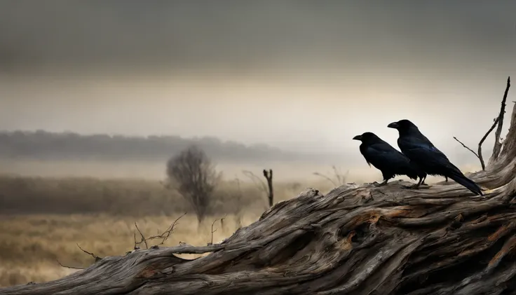 Two crows in a dead tree, Uma sombra em Forma de andador, Noite estrelada, Thick fog on the ground, Luz azul no horizonte, Motor Unreal 5, cinemactic, Low-angle photography, motion blur, proFundidade de campo, dust, Cobblestones and dirt. arte splash, ping...