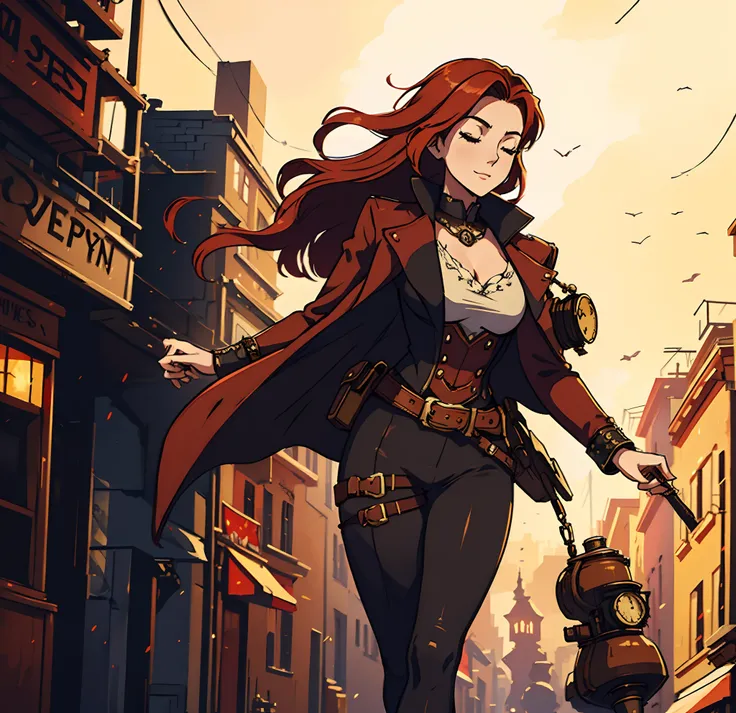 1 Sensual Red-Haired Woman Walking Down the Street Happy Expression Eyes Closed Night Background Steampunk An Art for an RPG ((Very detailed strokes))