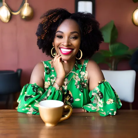 Black woman, medium length curly Marsala hair, brown eyes, golden earrings, wide smile, green floral dress, delicate nails, upturned nose, sitting at the table with cups of coffee and rosary in her hand