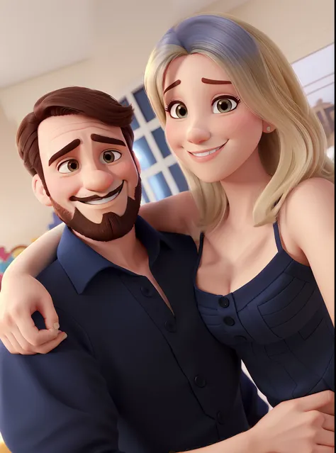 casal homem e mulher no estilo Disney Pixar, alta qualidade, melhor qualidade, ele cabelo curto e barba. Ela cabelo loiro longo liso, sorrindo.