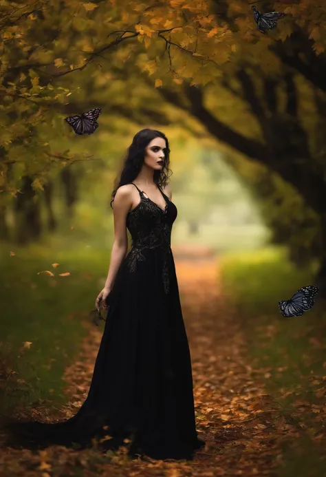 Cosmic Fallen Angel, glowing light eyes, Biomechanical, eerie, Creepy, nightmarish, Very bright colors, Light particles, with light glowing, wallpaper art, UHD wallpaper, beautiful, young, woman in a black dress standing in a field of leaves, wearing a got...