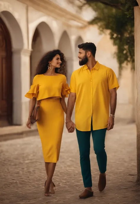 arafed image of a man and woman holding a yellow shirt, by Fernando Gerassi, by Félix Arauz, by Felipe Seade, fernanda suarez, looks like fabiula nascimento, by Silvia Pelissero, by Luis Miranda, by Maties Palau Ferré, inspired by Fernando Gerassi, by Alma...