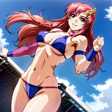 (masterpiece, far view, 4K, Best Quality, Anime style: 1.9,, Adult Woman, ultra detailed face, (cloud background, wrestling), Drawing lines, high resolution, Anime, lacus4), 1girl, Solo, curvy figure, very Long hair, 鎖骨, scapular, (Detailed wide hair bangs...