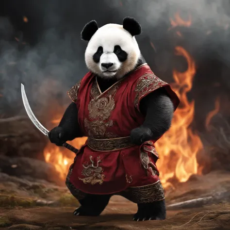 Angry demon ninja panda in attack position，iintricate，detail-rich，dramatics，The panda bear wears a white practice suit，The word barbecue is embroidered on the clothes on the chest，preparing to fight，Hold the skewer in your right hand，only a pair of red eye...