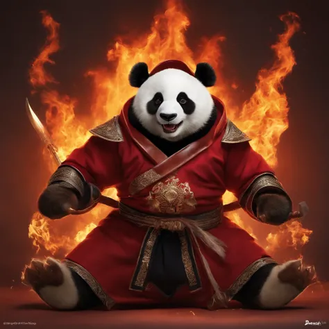 Angry demon ninja panda in attack position，iintricate，detail-rich，dramatics，The panda bear wears a white practice suit，The word barbecue is embroidered on the clothes on the chest，preparing to fight，Hold the skewer in your right hand，only a pair of red eye...