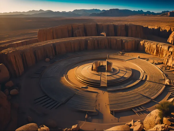 Diagonal shot, cinematic shot of a gigantic circular metal object inside a mountainous and rocky desert, biblical events aesthetic, pilgrimage, voluminous mass, raw effect