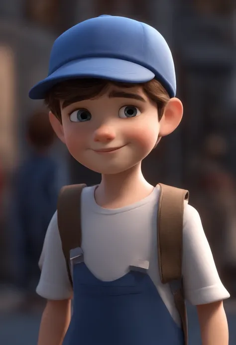 A happy cute boy standing short hair with dark blue cap , vestindo uma camisa azul , , fundo branco, barnet, Tom, Estilo Pixar, ......3d, desenhos animados, rosto detalhado, asymmetrical 16k