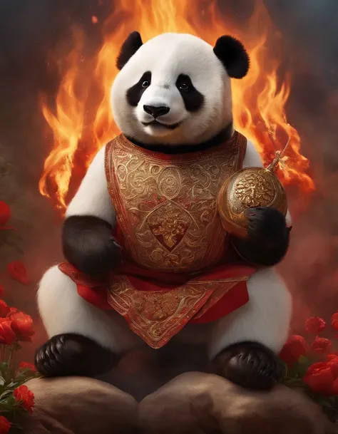 iintricate，detail-rich，dramatics，The panda bear wears a white practice suit，The word barbecue is embroidered on the clothes on the chest，preparing to fight，Hold the skewer in your right hand，only a pair of red eyes peek，Graphic madness，Light is reflected o...