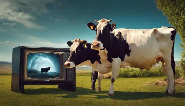 a man who has a television box instead of a head, a man milks a cow with his hands, the cow is connected to the Internet, 8k