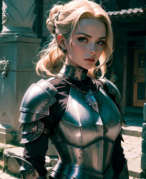 blonde woman, serious look pressed lips, (preto updo:1.2), (black steel armor:1.1) e vestes (capa:1.2) realeza ornamentado (bordado:0.5) com espada, magrela (Gorget Plackart pauldron :1.3), (obra-prima:1.2) (illustration:1.1) (melhor qualidade:1.2) (detalh...