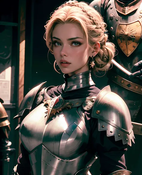 blonde woman, serious look pressed lips, (preto updo:1.2), (black steel armor:1.1) e vestes (capa:1.2) realeza ornamentado (bordado:0.5) com espada, magrela (Gorget Plackart pauldron :1.3), (obra-prima:1.2) (illustration:1.1) (melhor qualidade:1.2) (detalh...