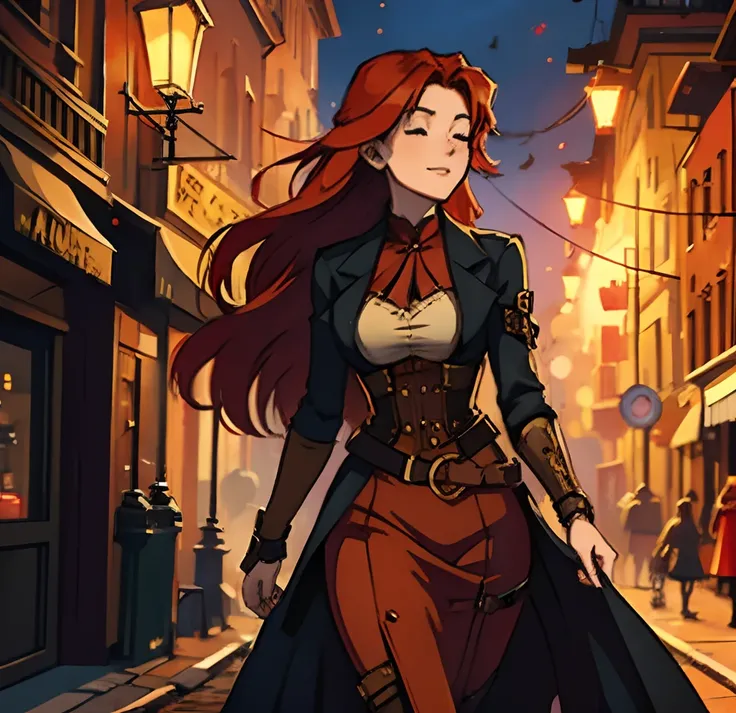 1 Sensual Red-Haired Woman Walking Down the Street Happy Expression Eyes Closed Night Background Steampunk An Art for an RPG ((Very detailed strokes))