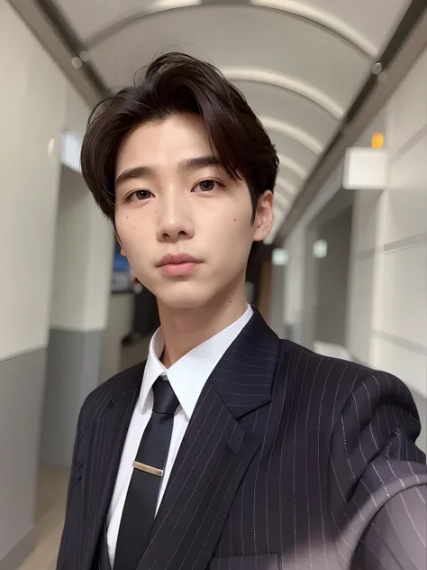 there is a man in a suit and tie standing in a hallway, Kim Doyoung, Cai Xukun, TaeJune Kim, Jinyoung Canela, Hyung Tae, Jaeyeon Nam, delicate androgynous prince, Jung Jaehyun, Yanjun Chengt, Hong June Hyung, foto de perfil headshot, Shin Jeongho, Beautifu...