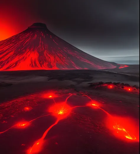 There is a hill with a red light in the middle, Beautiful dark landscape, sci-fi of iceland landscape, Volcanic fog, volcano landscape, Beautiful dark eerie scenery, iceland photography, iceland, dark volcano background, iceland landscape, iceland landscap...