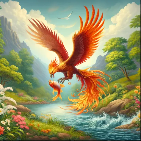 a painting of a bird flying over a river with a fish, wallpaper of a phoenix, artwork of a phoenix, wallpaper of a phoenix resting, phoenix dragon, fiery bird, phoenix rising, phoenix in fire, beautiful art uhd 4 k, phoenix rising from the ashes, flying sc...