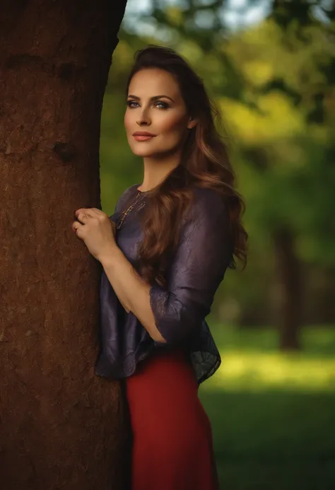 Woman leaning against the tree