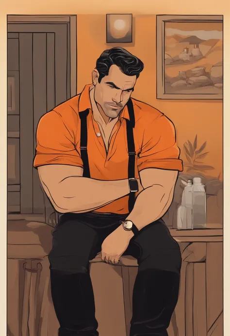 Thyago, homem de 40 anos, Cartoons in orange shirt and black pants, arms crossed, olhando para frente e sorrindo com rosto arredondado com cavanhaque, dentes aparecendo;