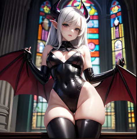 Succubus, anime style, red little horn, little bat wings, pale skin, totally black eyes,  wide hip, extreme beauty, full body, red leather leotard, church background --auto --s2