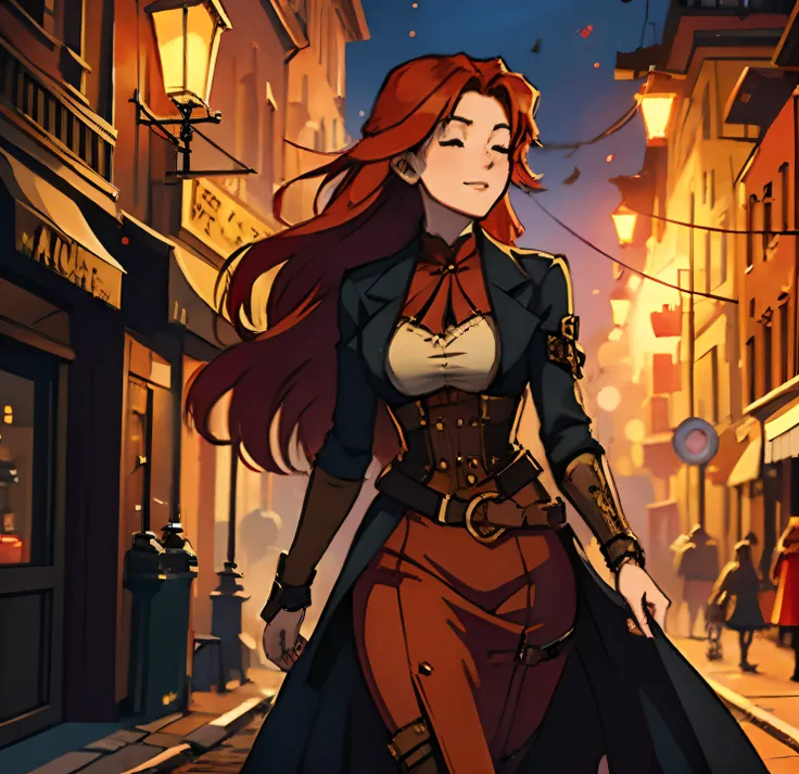 1 Sensual Red-Haired Woman Walking Down the Street Happy Expression Eyes Closed Night Background Steampunk An Art for an RPG ((Very detailed strokes))