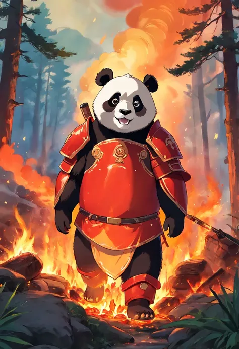 A panda，Wearing red armor，In the background of a raging forest fire，Eating barbecue，The light of the fire should be on clothing，Brilliant clouds overhead。