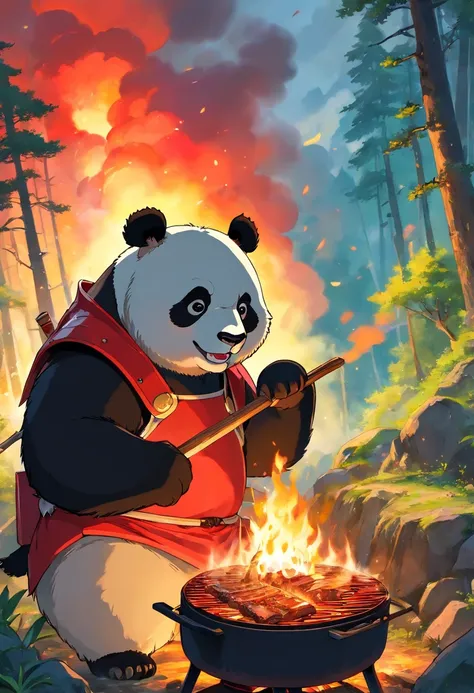 A panda，Wearing red armor，In the background of a raging forest fire，Eating barbecue，The light of the fire should be on clothing，Brilliant clouds overhead。