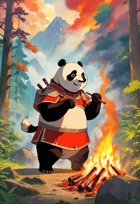 A panda，Wearing red armor，In the background of a raging forest fire，Eating barbecue，The light of the fire should be on clothing，Brilliant clouds overhead。