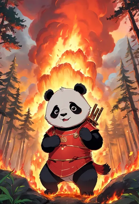 A panda，Wearing red armor，In the background of a raging forest fire，Eating barbecue，The light of the fire should be on clothing，Brilliant clouds overhead。