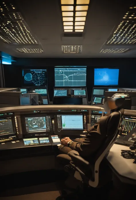 best quality,ultra-detailed,realistic (traffic controller:1.1),intelligent man,airplane control room,concentrated expression,professional,high-res displays,[calm and focused],[radio communication],dark background,stressful atmosphere,studio lighting,sharp ...