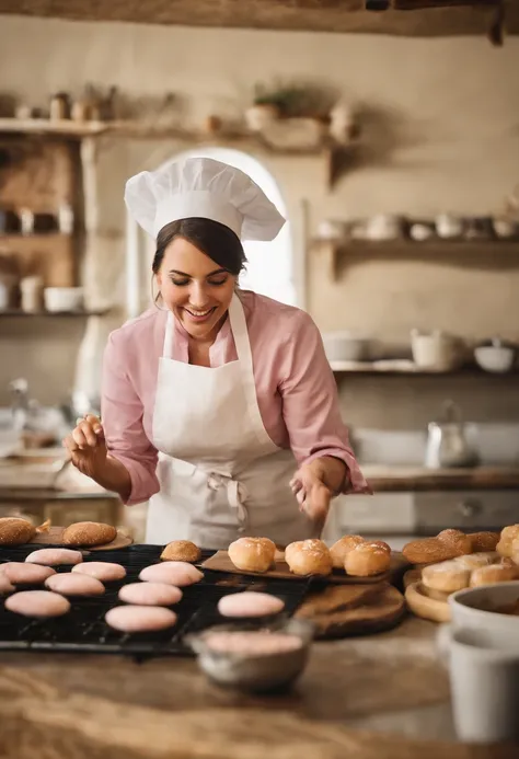 Create a Disney Pixar Poster. Uma mulher chef de cozinha. Esta mulher tem cabelos cor castanho escuro, cabelos na altura do ombro, Is smiling happily, olhos castanhos, olhos pequenos. Ela usa brincos pequenos. Shes making bread in a bakery. In the confecti...