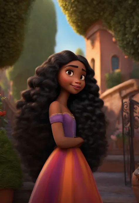 Um filme inspirado na Disney Pixar (MENINA NEGRA JOVEM COM CABELO LONGO CACHEADO PRETO) dentro A cena estar na arte distinta do estilo PIXAR, descolada e estilosa