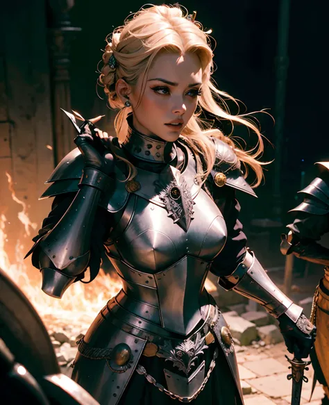 blonde woman, serious look pressed lips, (preto updo:1.2), (black steel armor:1.1) e vestes (capa:1.2) realeza ornamentado (bordado:0.5) com espada, magrela (Gorget Plackart pauldron :1.3), (obra-prima:1.2) (illustration:1.1) (melhor qualidade:1.2) (detalh...