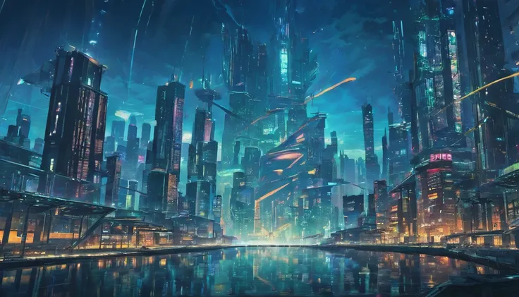 "Create a high-resolution image that depicts a stunning futuristic landscape with a darker color palette. The landscape should show a nocturnal or twilight setting, with futuristic buildings that light up in vibrant shades of blue, roxo e neon. The sky sho...