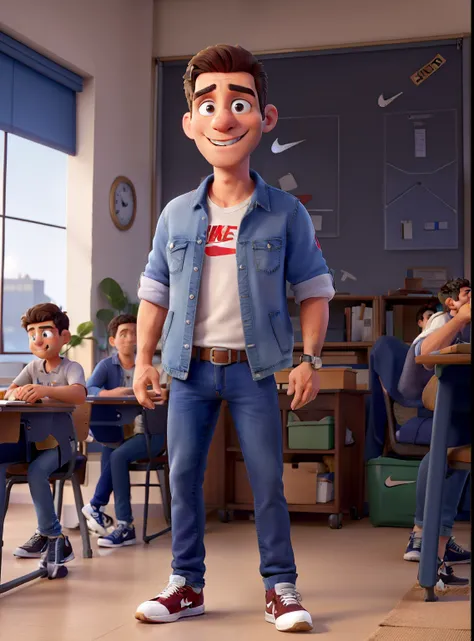 25-year-old History teacher in classroom, Homem, careca, olhos castanhos, jeans, sneakers Nike,