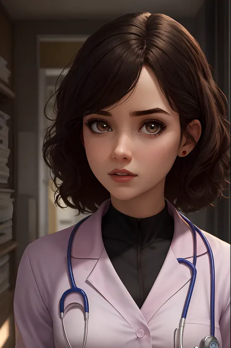 Crie uma imagem pixar com uma menina branca de cabelo preto de baixa estatura e bochechas e olhos grandes , dressed as a doctor