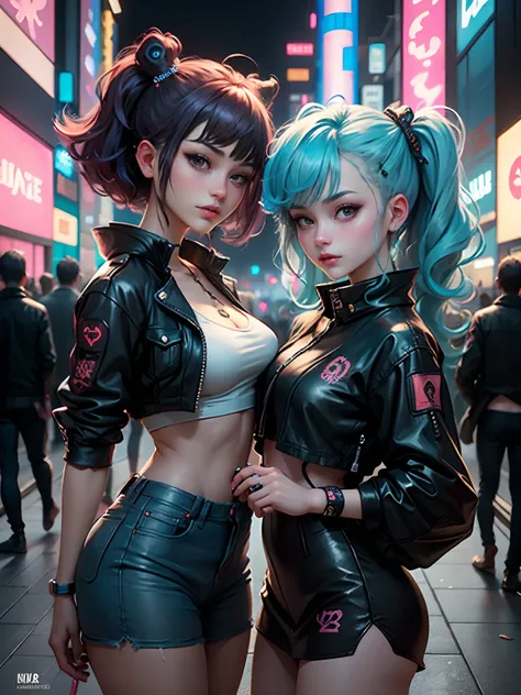 masterpiece, best quality, 2 cyberpunk girls standing together taking selfie portrait, ((((Harajuku-inspired cyberpunk clothing)))), bold colors and patterns, eye-catching accessories, trendy and innovative hairstyle))), dazzling Cyberpunk cityscape, skysc...