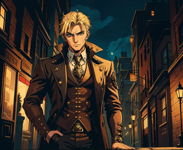 1 homem lindo com tattuagem Steampunk, Style: Dante Sparda Blonde Hair Sharp Hair An art for an RPG A non-human night background of the city ((Very detailed strokes))