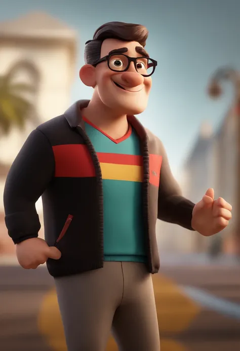 Cartoon character of a thin short man with black glasses and a flamengo shirt, animation character, Caractere estilizado, animation style rendering, 3D estilizado, Arnold Maya render, 3 d render stylized, toon render keyshot, Personagem 3D, Personagem 3D, ...