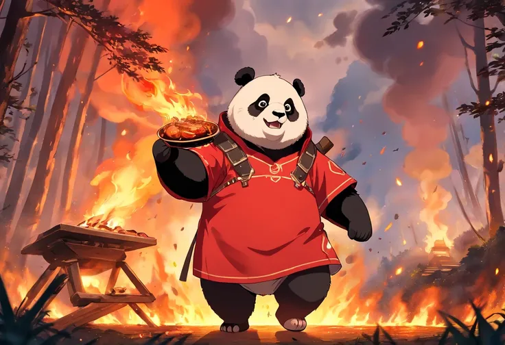 A panda，Wearing red armor，Against the backdrop of raging forest fires，Holding a barbecue in his right hand and eating，The light of the fire should shine on the clothes，Brilliant clouds overhead。The surroundings are dim and gloomy。