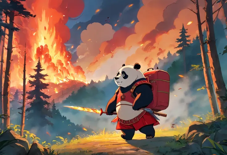 A panda，Wearing red armor，Against the backdrop of raging forest fires，Holding a barbecue in his right hand and eating，The light of the fire should shine on the clothes，Brilliant clouds overhead。The surroundings are dim and gloomy。