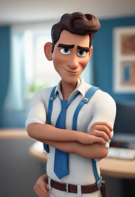 Homem de jaleco e gravata com camisa branca e gravata azul, imagem frontal, medic, foto de closeup profissional, MODEL DE DESENHO ANIMADO COMO O PIXAR DA DESNEY