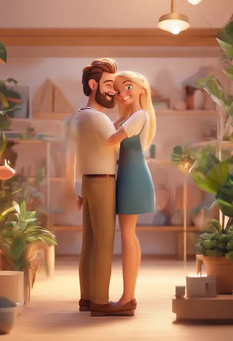 An illustration of an adorable couple, Destacando um homem e uma mulher com beleza, Expressive eyes – the mans hair is bald and brown and he has a full beard, While the womans hair is tied up in a bun and blonde. They are a bright space, Todos com um sorri...